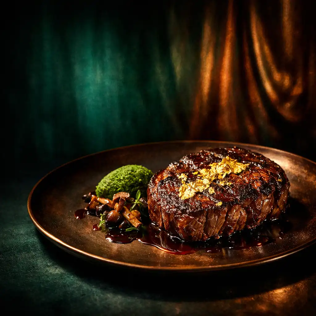 Aranyfüsttel díszített ribeye steak sötét smaragd tányéron, drámai színházi világítással