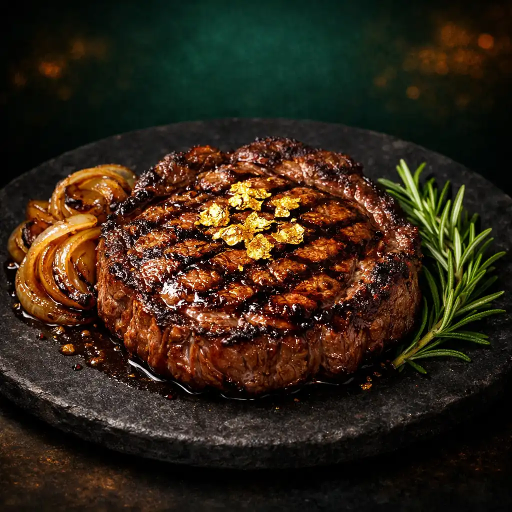 Royal Flush steak aranyfüsttel, karamellizált hagymával és rozmaringgal
