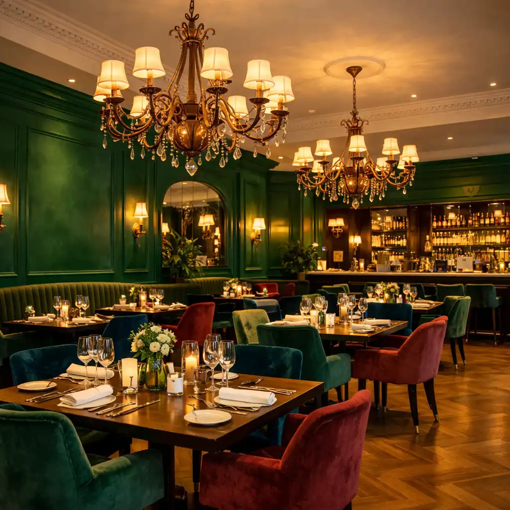Az Emerald Dining Theatre tágas belső tere smaragdzöld falakkal, bronz csillárokkal és bársony székekkel