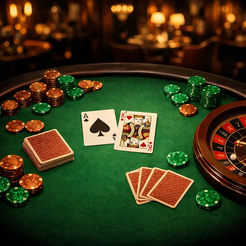 Elegáns kaszinóasztal zöld posztóval, bronz és smaragd jelképes zsetonokkal, kártyákkal és egy roulette kerék részletével