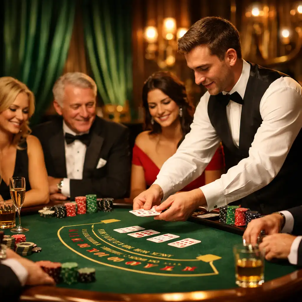 Privát kaszinó est egy elegáns étterem privát termében, vendégek egy blackjack asztalnál, a krupié éppen osztja a kártyákat